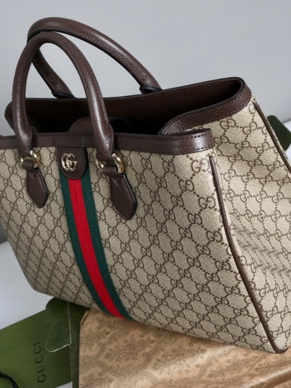 Gucci Brown GG Supreme Canvas Top-Handle Bag with Red-Green Stripe